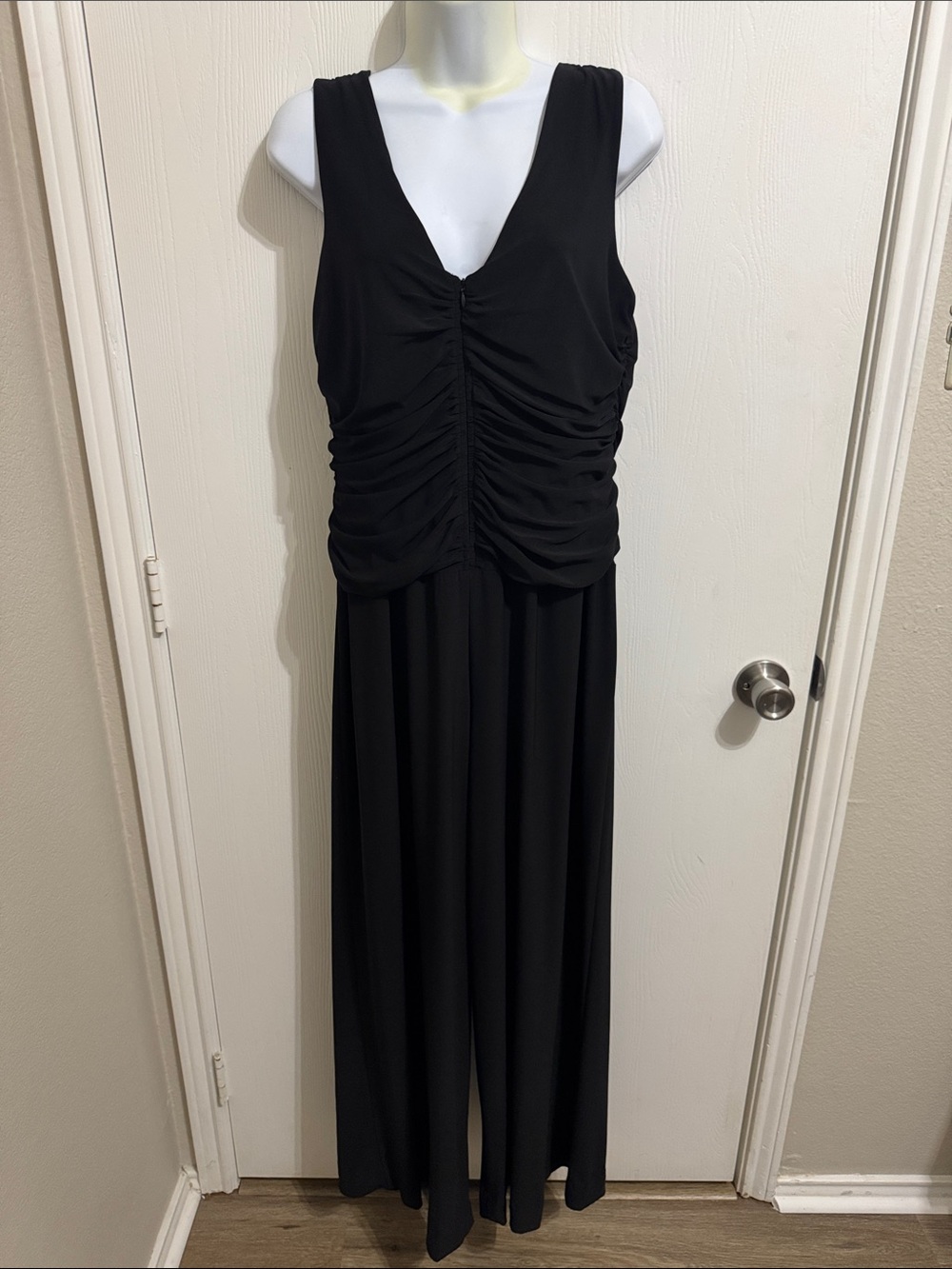 R&M Richards Classic Black Jumpsuit Women's 16 Black Ruched Sleeveless Draped
